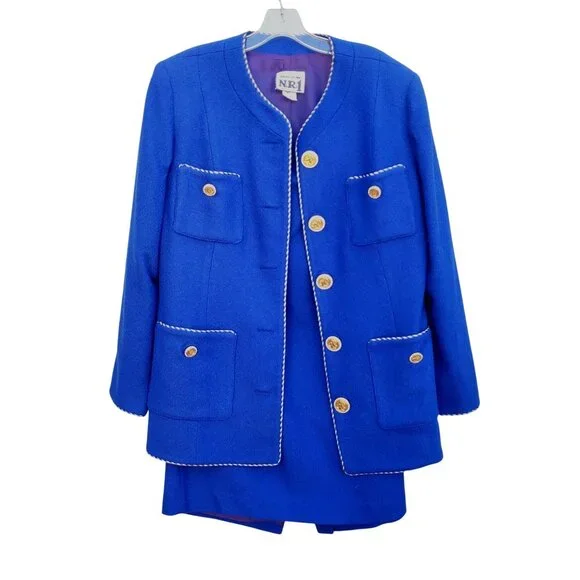 Vintage 80s Electric Blue Wool Power Skirt Suit L XL Rhinestone Buttons - Picture 1 of 13
